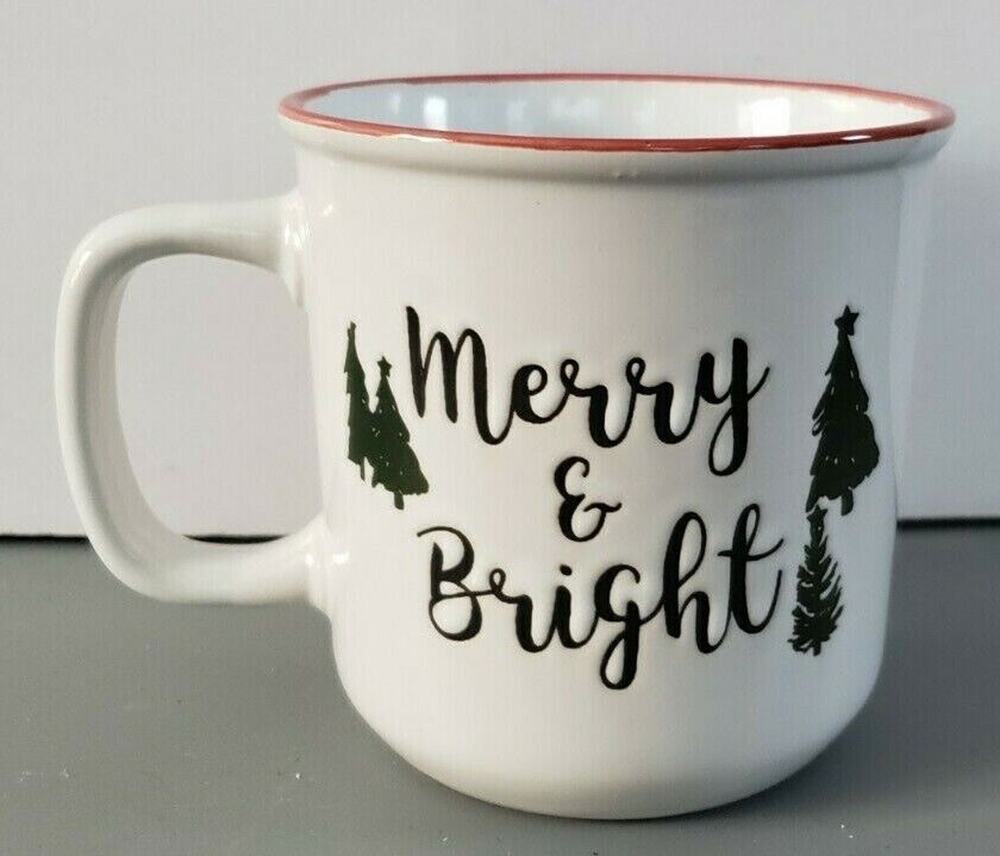 2019 Ceramic Camper Mug ~ Merry & Bright ~ Christmas White Tree MUG NEW